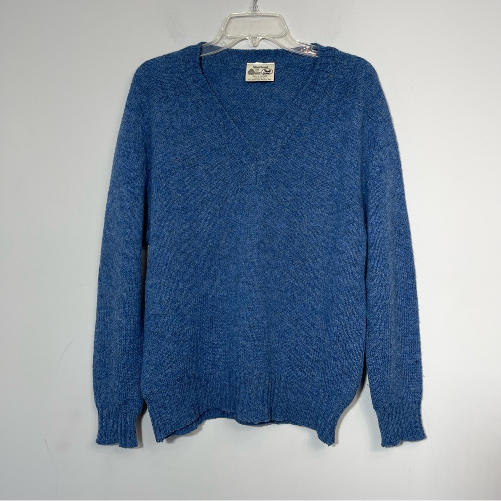 Vintage Shetland Pure New Wool V-Neck Sweater Blue Made In Scotland Classic 40 L - Picture 12 of 16